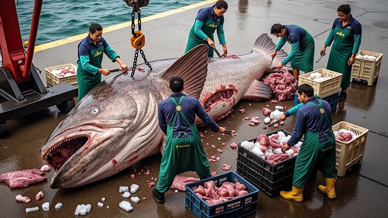 Fish too big to be brought on board – Fishermen forced to dissect a giant 1 ton grouper right at sea