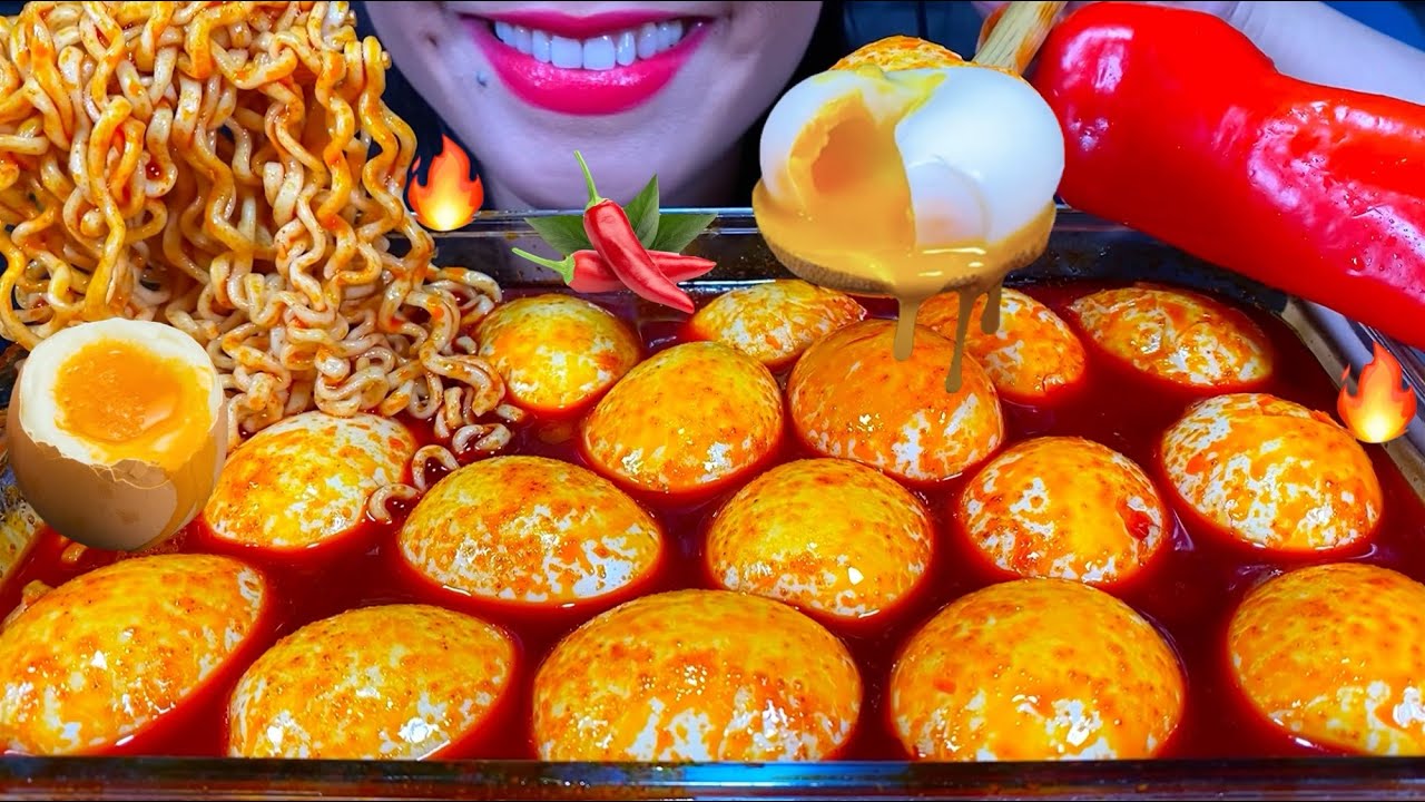 ASMR SOUPY FIRE NOODLES + MASSIVE SOFT BOILED EGG FEAST + SWEET PEPPER, MUKBANG Eating Sounds