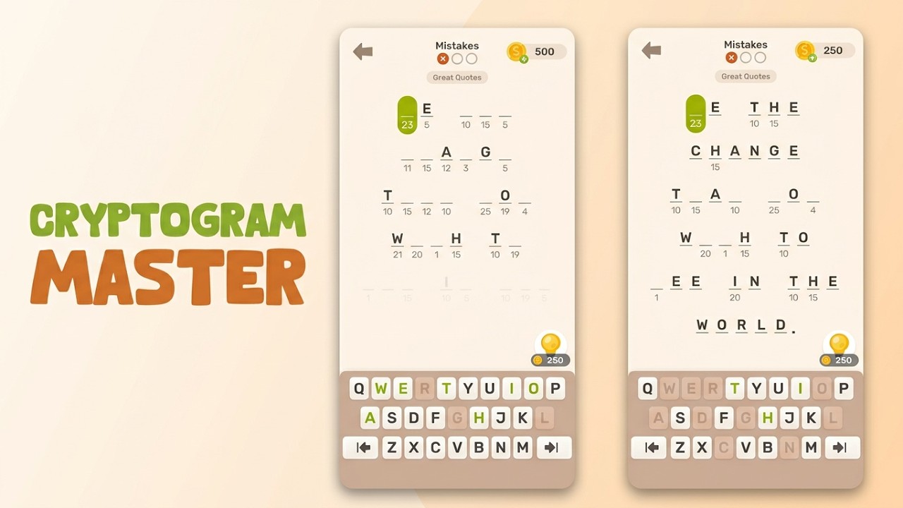 Cryptogram Master (by Kidult Lovin) - free offline word puzzle game for Android and iOS - gameplay.