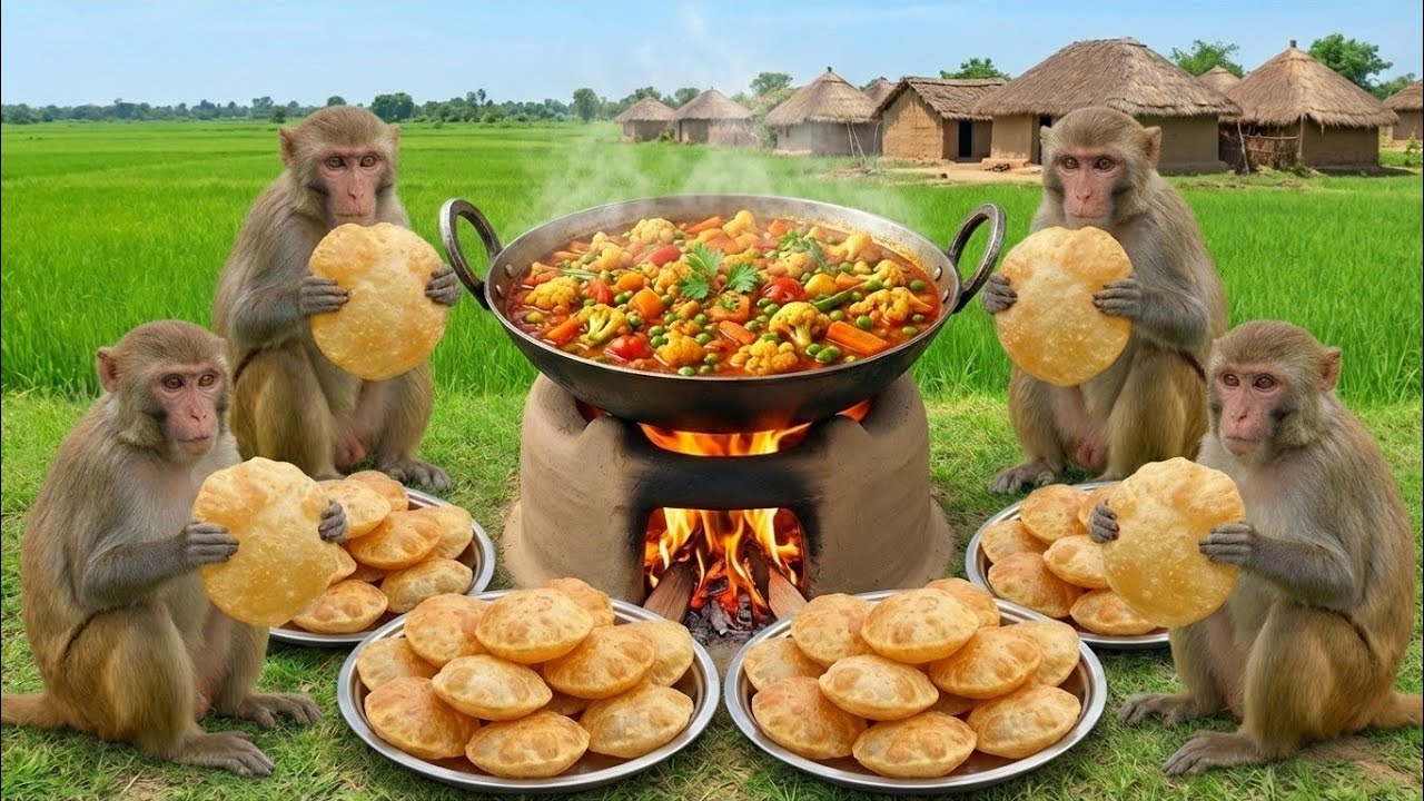 Village Monkeys Cooking & Farming Together | Peaceful Rural Story | Food Preparation & Feast
