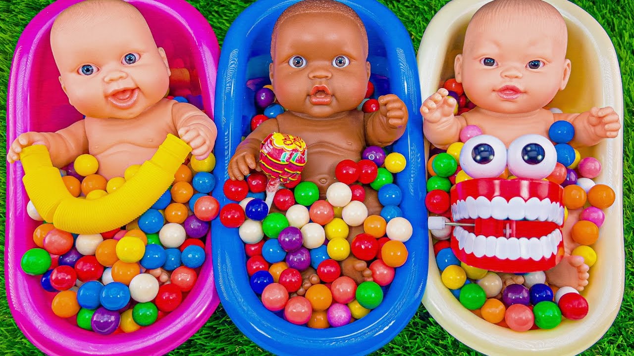 Rainbow 3 Magic BathTubs with Candy M&M's and Color Slime Cutting Video ASMR