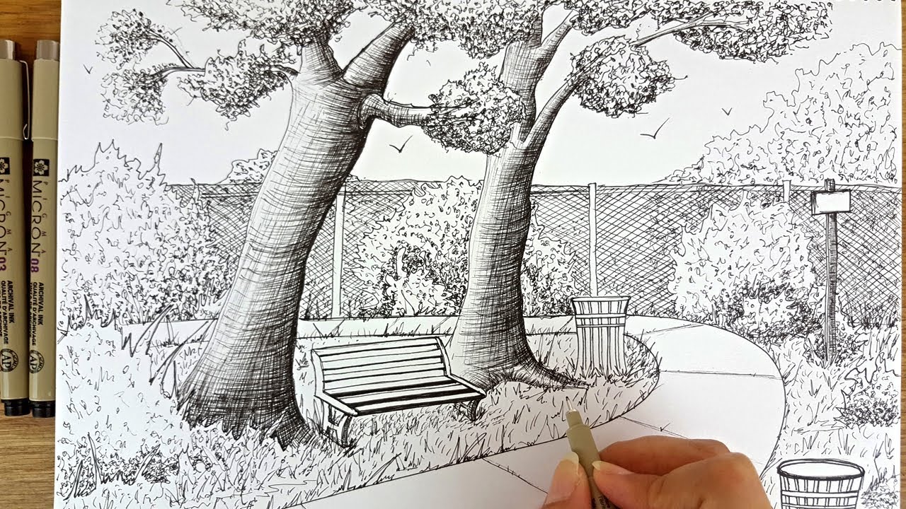 How to Draw A Park Scenery | Pen & Ink Drawing#2