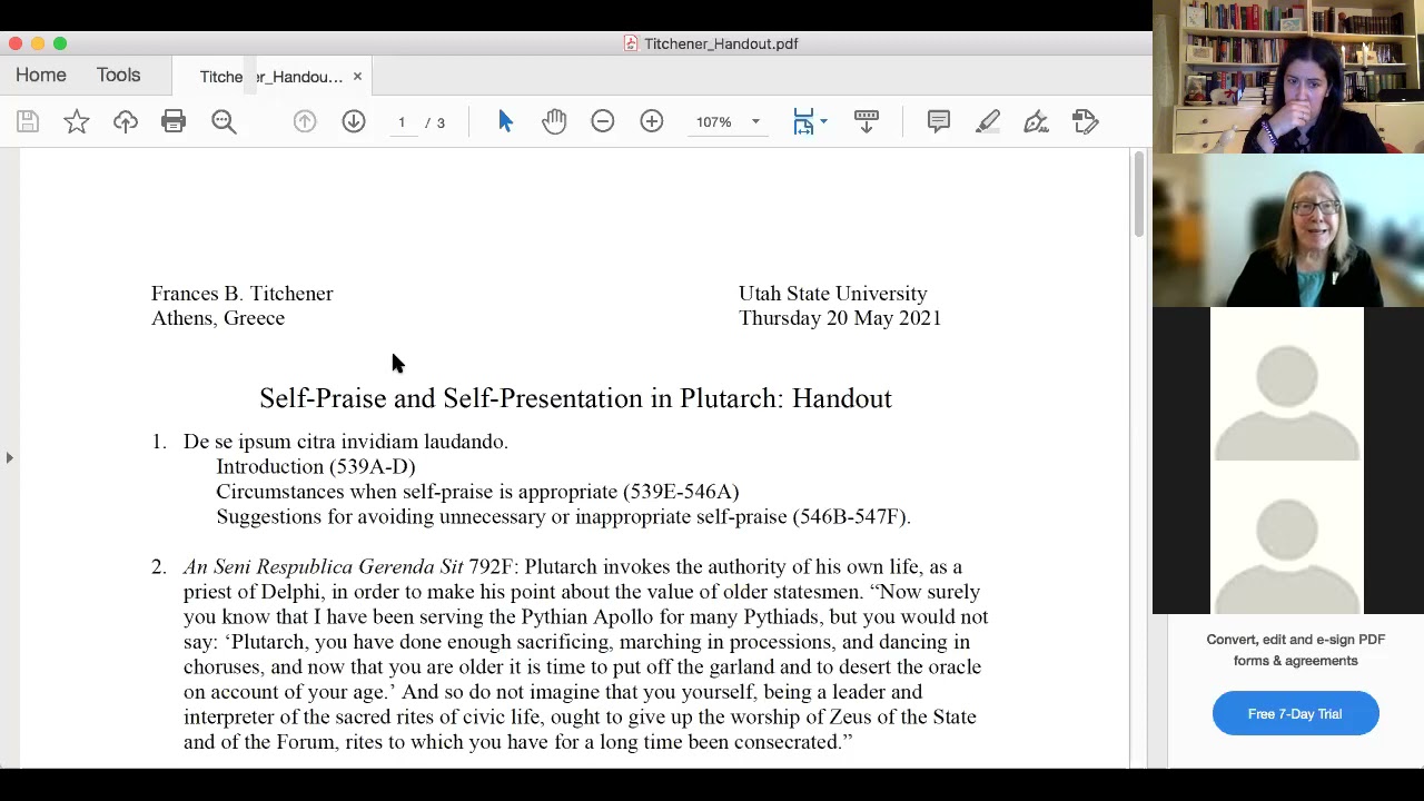 F. Titchener, Praise & Blame Seminar, Academy of Athens 2021 (20/5), Self-Presentation in Plutarch