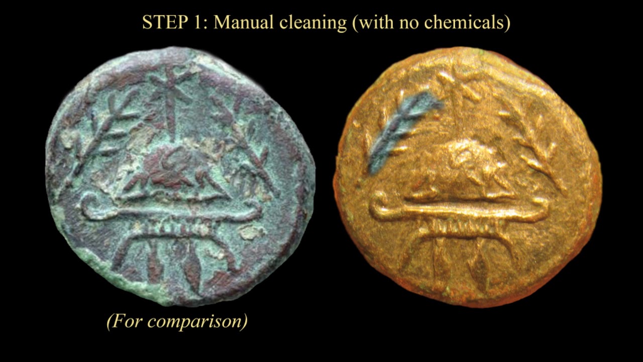 BIBLICAL COIN MOVIES No 12 Cleaning & Restoration of a Coin with Bronze Disease