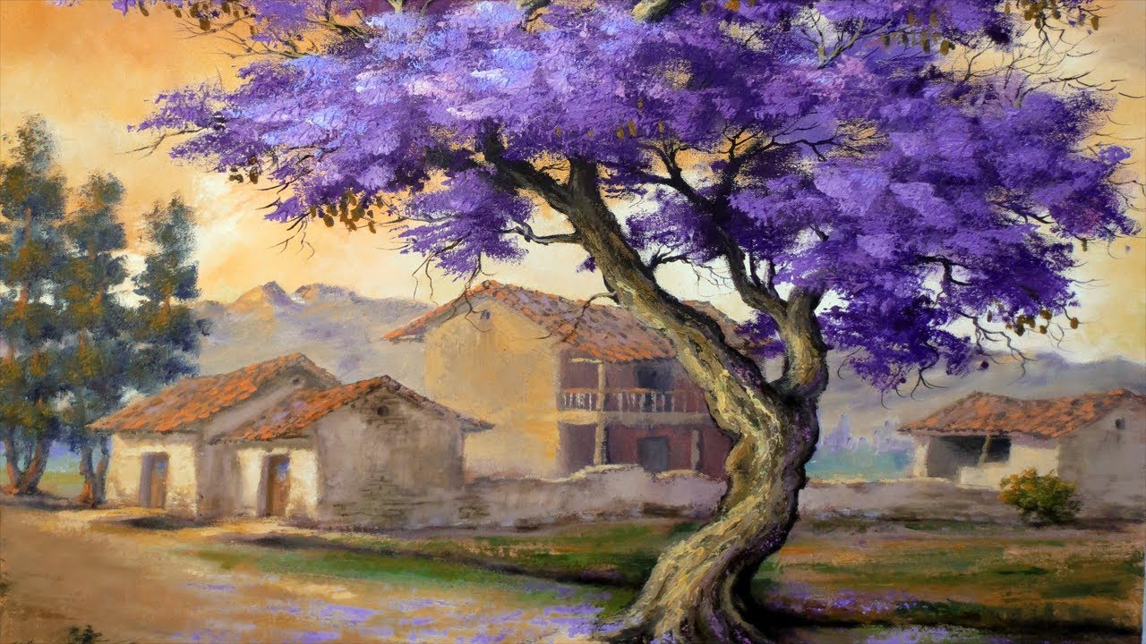 Como Pintar Árbol Jacaranda✅Casas Antiguas de Adobe 💜