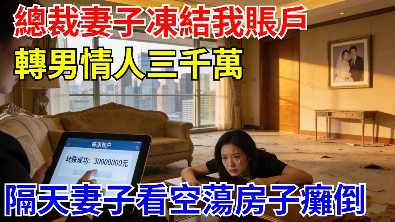 總裁妻子凍結我賬戶，轉男情人三千萬，隔天妻子看見空蕩的房子癱倒在地【風港故事】#男頻小說#都市#故事#小說#爽文#職場