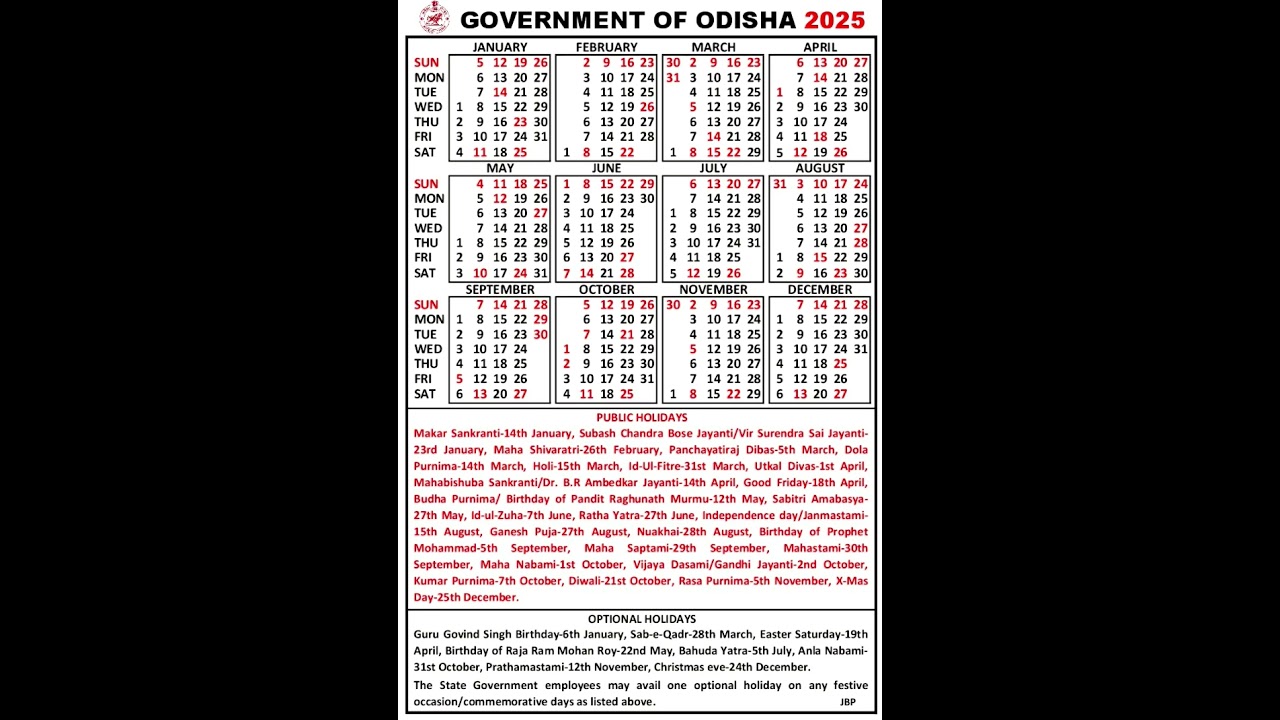 Government of Odisha Calendar 2025 