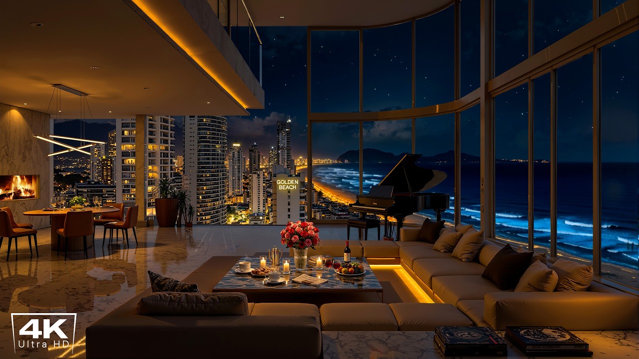 Luxury Apartment with Seaside Night Views 🌊 Elegant Jazz & Ocean Wave Sounds for Relax, Chill Out