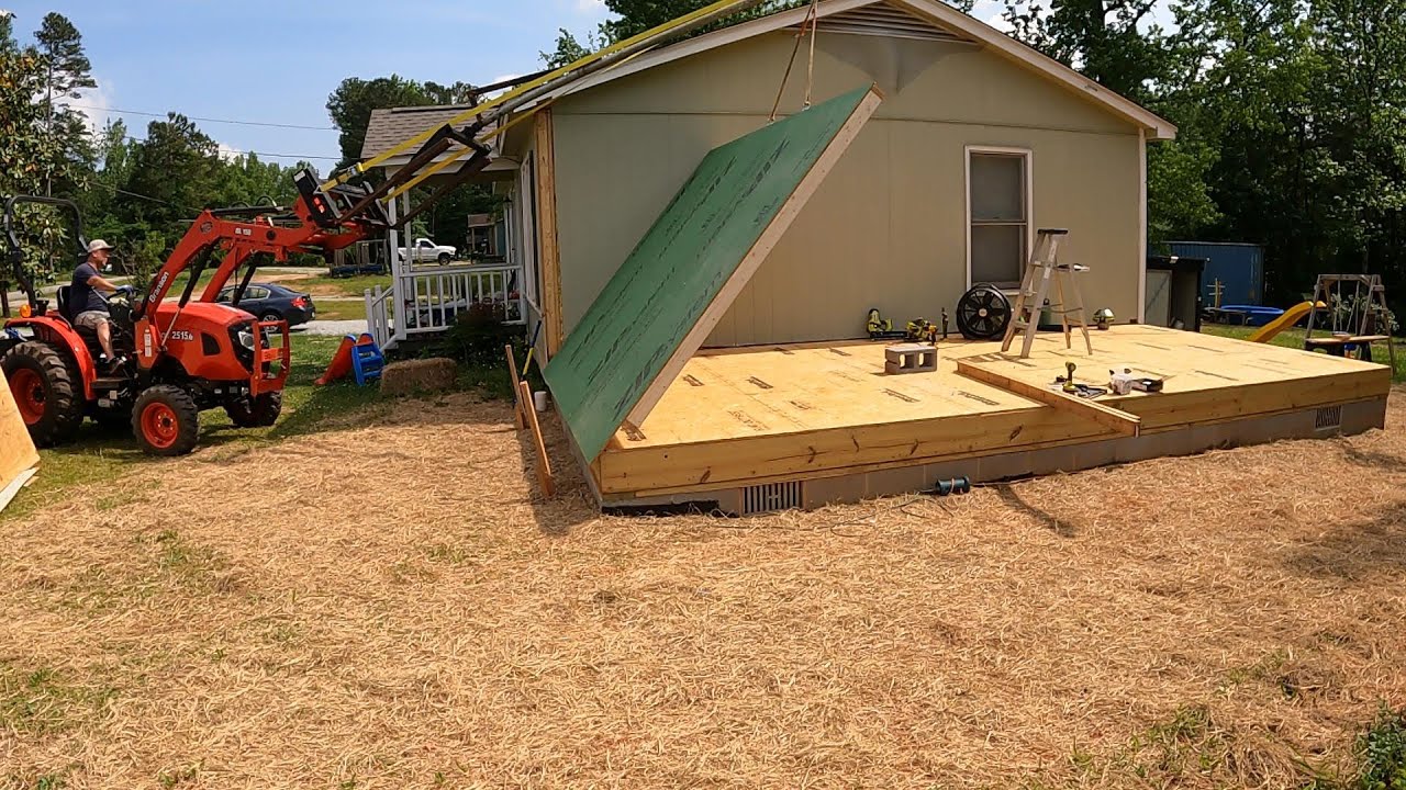 DIY Home Addition # 5 Lifting Walls with Branson Tractor and Boom Pole