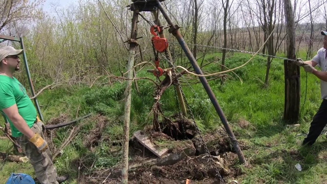 Корчевание талью (лебёдкой) акации. Экоферма РукоделЪ.