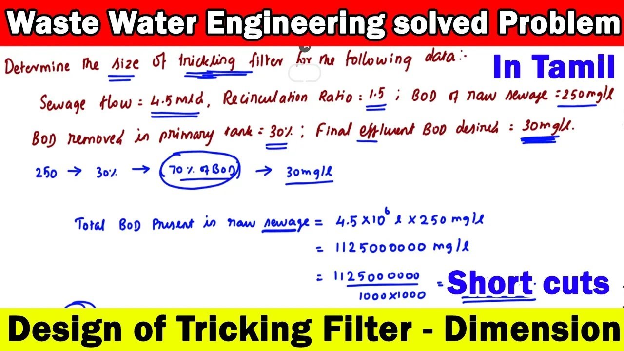 design of tricking filter, BOD Solved problem, waste water engineering problem, dimensions of filter