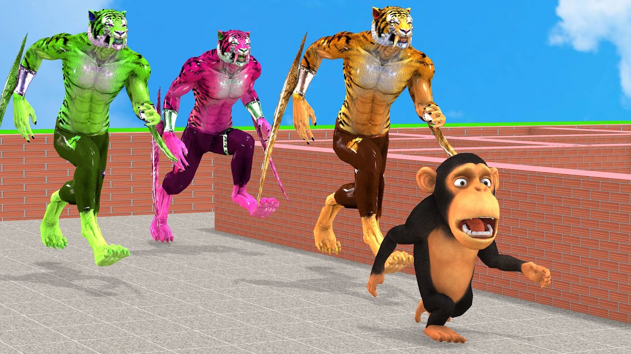 3 Zombie Saber Tooth Tigers Chasing Funny Monkey Escape Maze Temple Run Game - Monkey Escape Plan