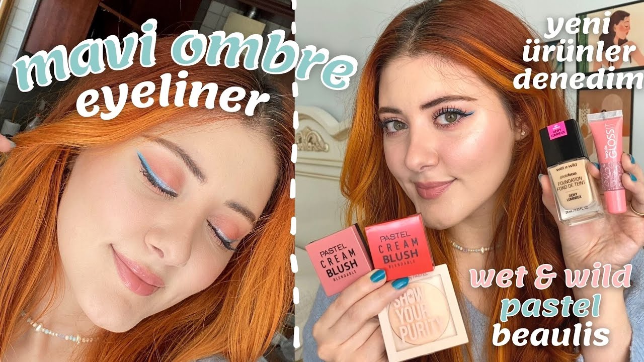 Mavi eyeliner 💙 Yeni ürünlerle makyaj 🌟 wet and wild photo focus, beaulis gloss, pastel krem allık