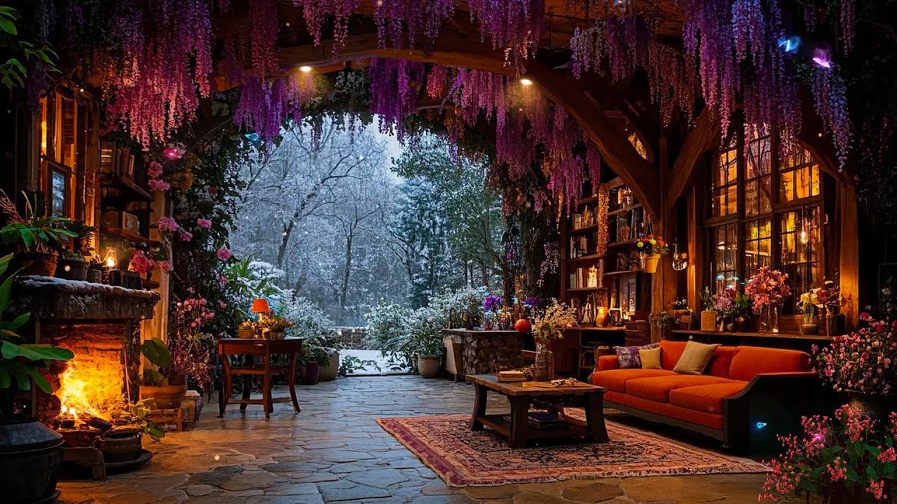Magical Music & Crackling Fire Sounds: Relaxing in a Cozy Wooden Cabin in Snowy Winter Forest Storm