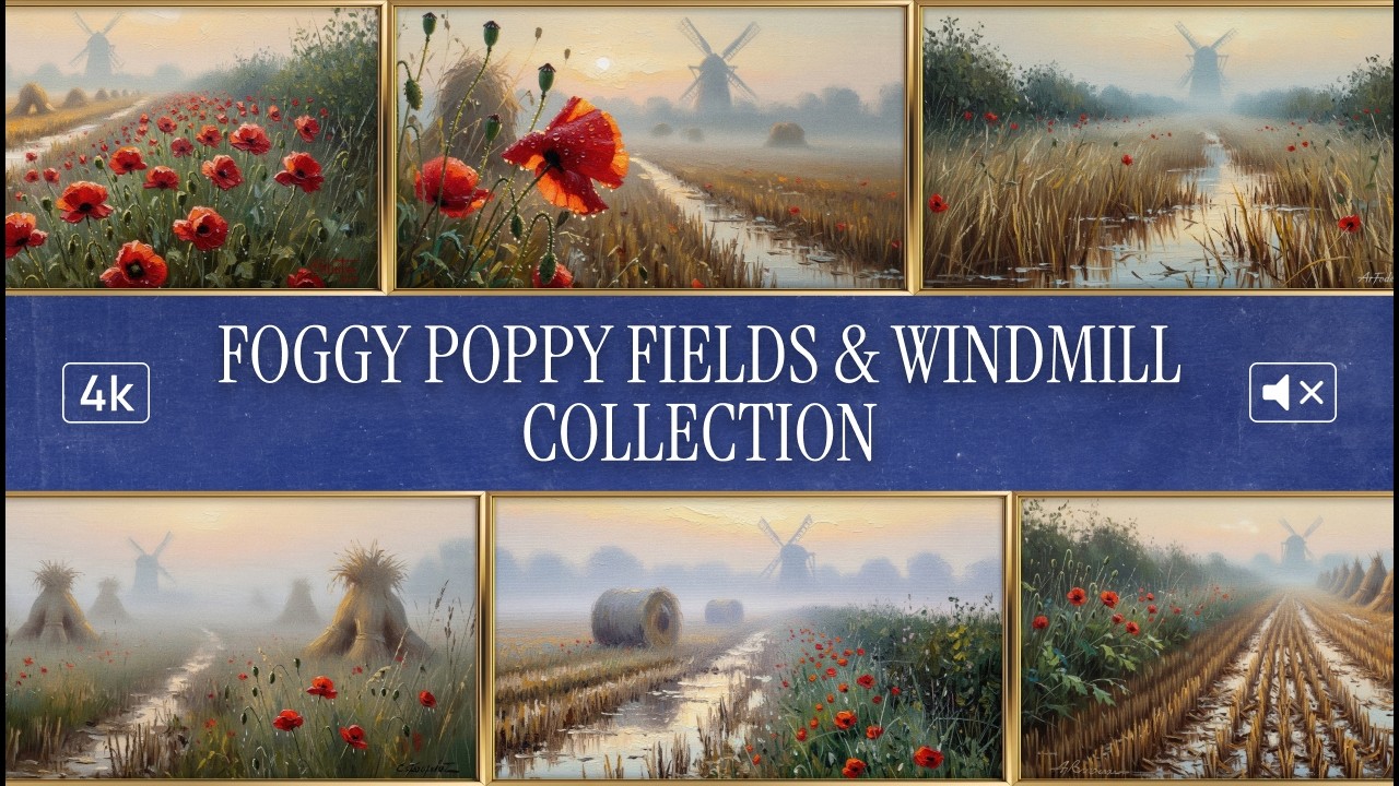 Foggy Poppy Fields & Windmill – Early Morning Pastoral Calm | 4K Frame TV Art | No Music