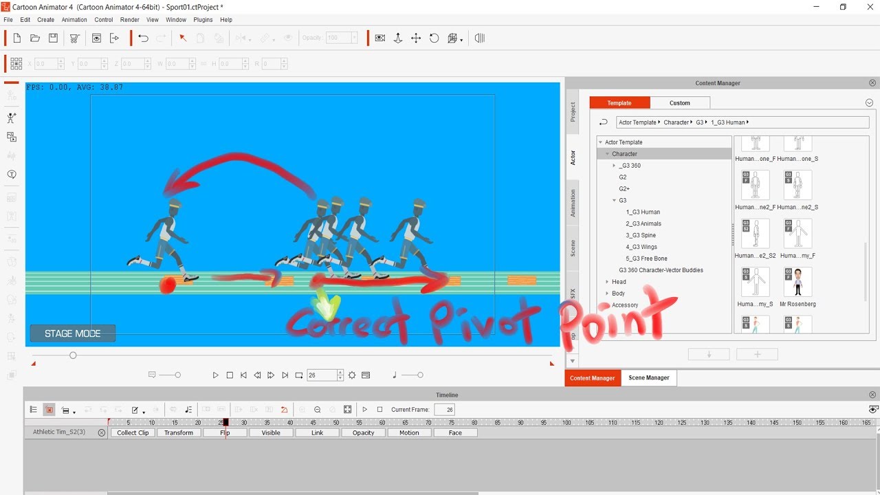 Cartoon Animator 4 Tutorial - How to correct pivot point when you use run forward motion
