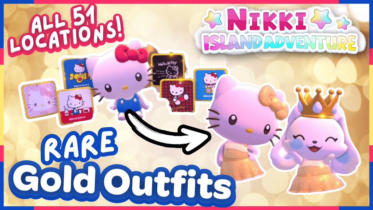 HOW TO UNLOCK HELLO KITTY GOLD CLOTHING 💛 ALL 51 COLLECTIBLE CARD LOCATIONS