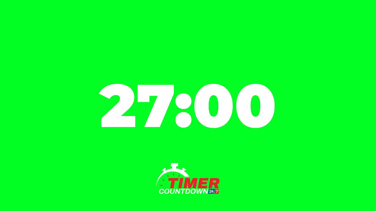 27-Minute Green Screen Timer | White Text Countdown with Alarm