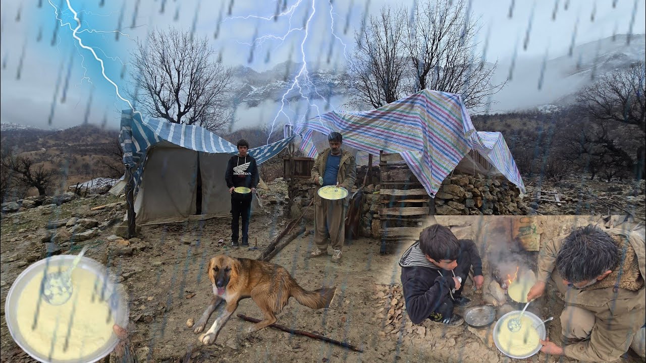 Nomadic Shepherds Cooking in a Rainy Day | Traditional Herding in Iran