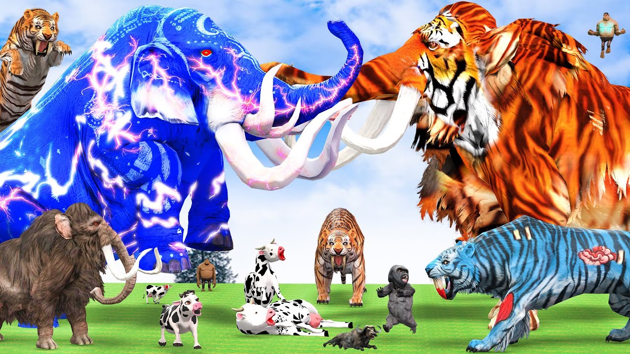 10 Mammoth Elephant vs 10 Elephant Buffalo vs Giant Tiger Wolf Fight Cow Lion Cub Saved by Mammoth