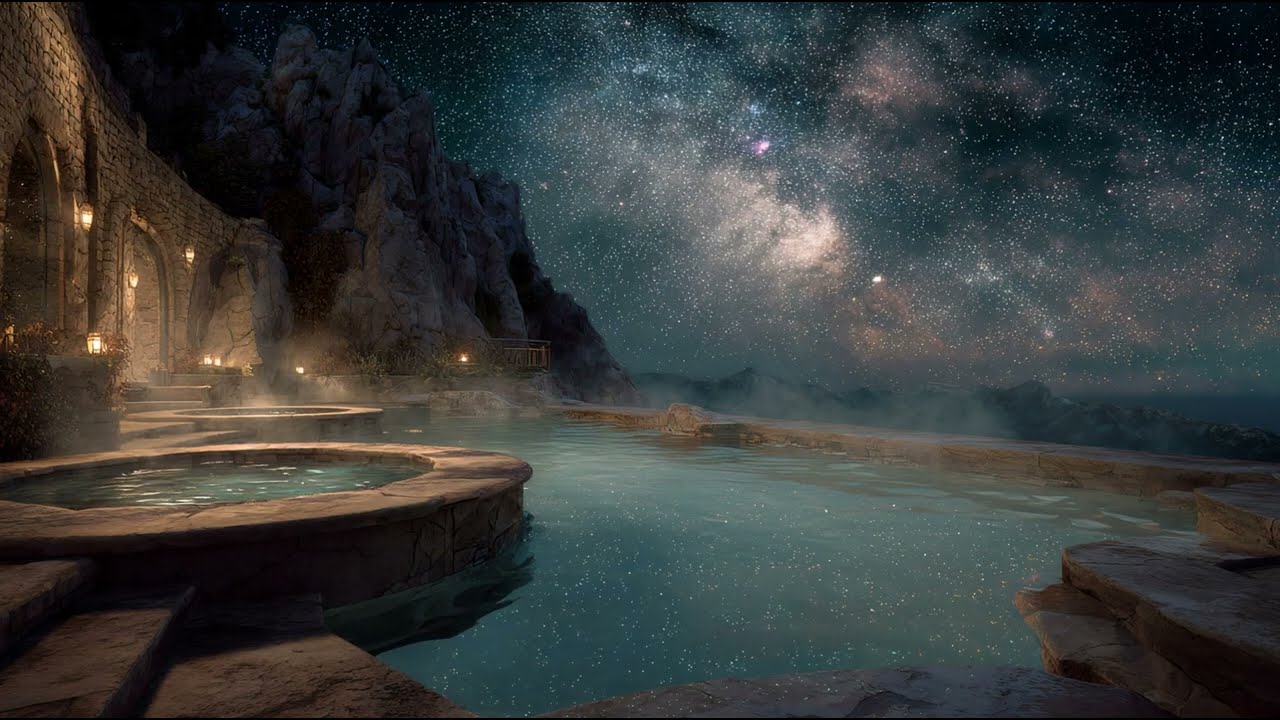 Deep Sleep Ambient Music | Night Hot Springs Under the Stars
