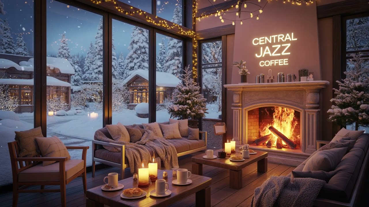 Cozy Winter Jazz at a Coffee Shop Ambience ☕ Smooth Jazz Piano & Snowfall for Reading, Working