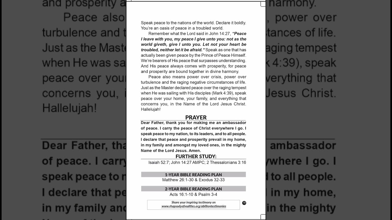 Rhapsody of Realities For Sat 7th Feb, 2026. Title: Ambassadors Of Peace 