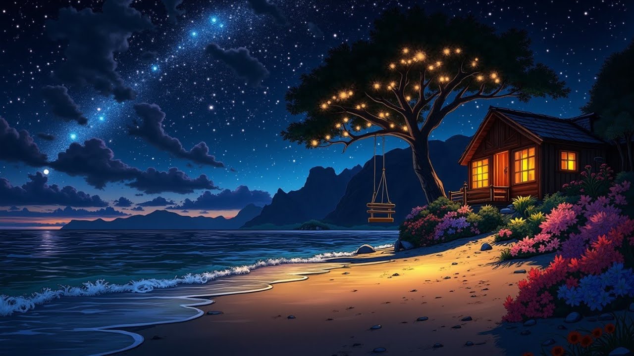 Lofi Night Chill Beach Cabin Ambience Sleep Study Relaxation Music Under the Starry Sky