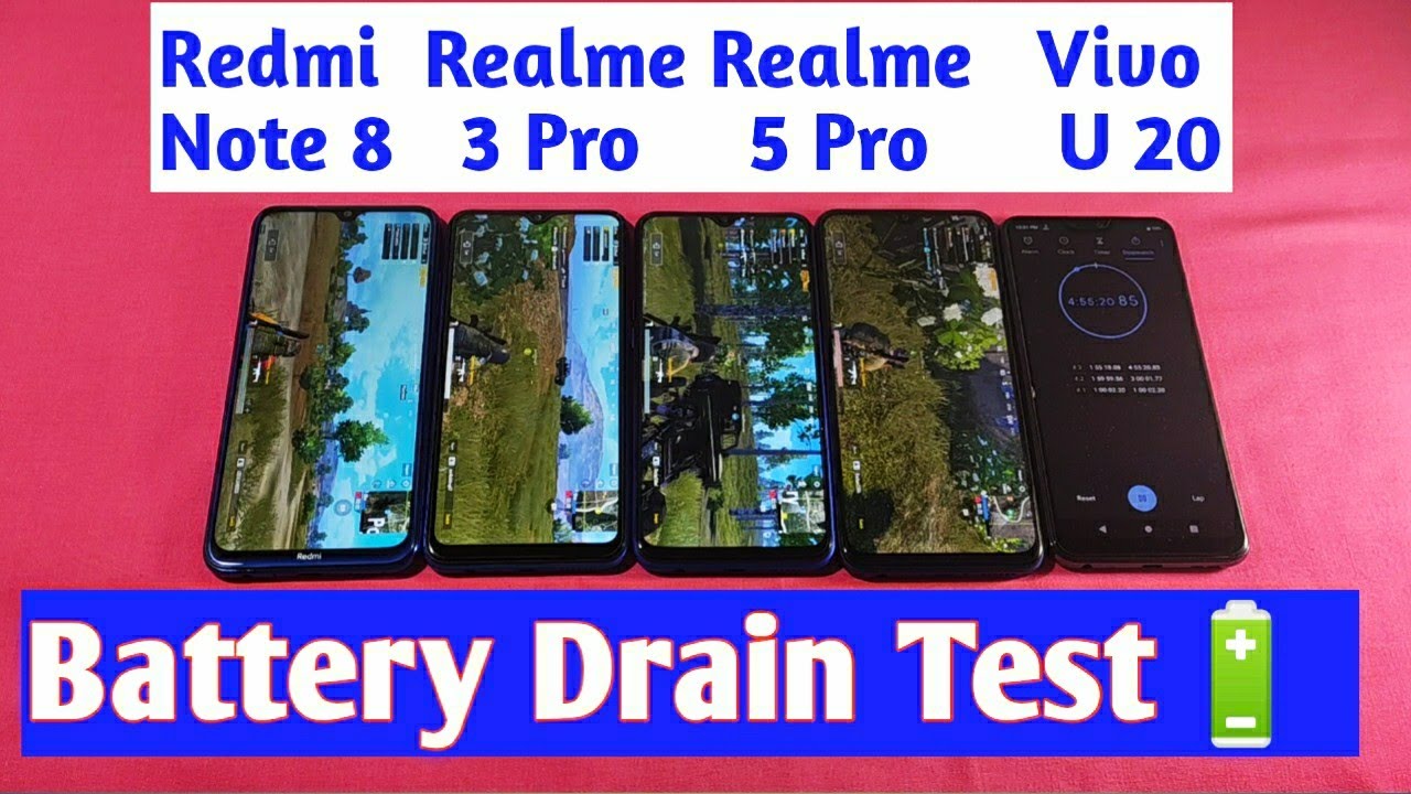 Redmi Note 8 Vs Vivo U20 Vs Realme 3 Pro Vs Realme 5 Pro | Battery Drain Test |