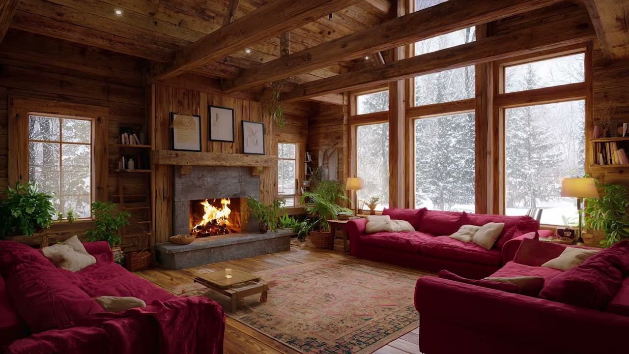 Winter Serenity ❄️ Warm Fireplace Glow While Snow Falls Outside Creating a Deeply Relaxing Space
