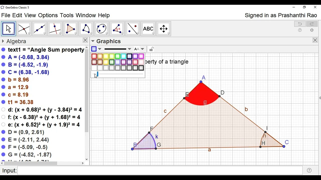 Class-119: Angle sum property of a triangle using Geogebra.