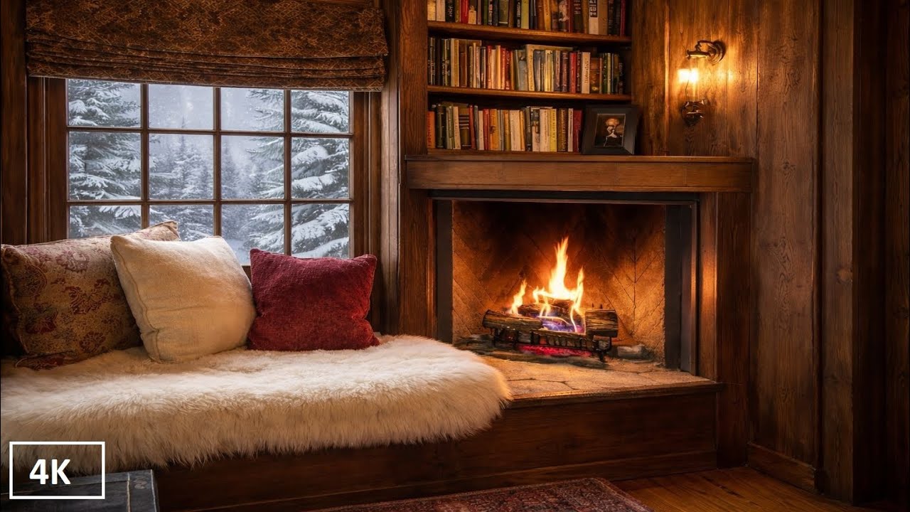 Cozy Cabin Reading Nook Ambiance ❄️ Slow Piano & Fireplace Crackle in Snow | 4K Study & Relax