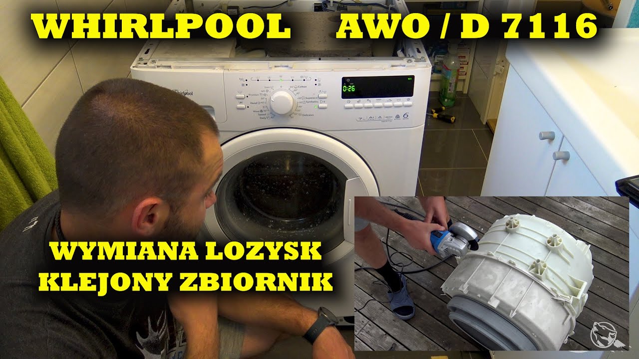 Pralka Whirlpool AWO/D7116 wymiana łożysk. Klejony zbiornik. Numer seryjny:859202161010. Czytaj opis