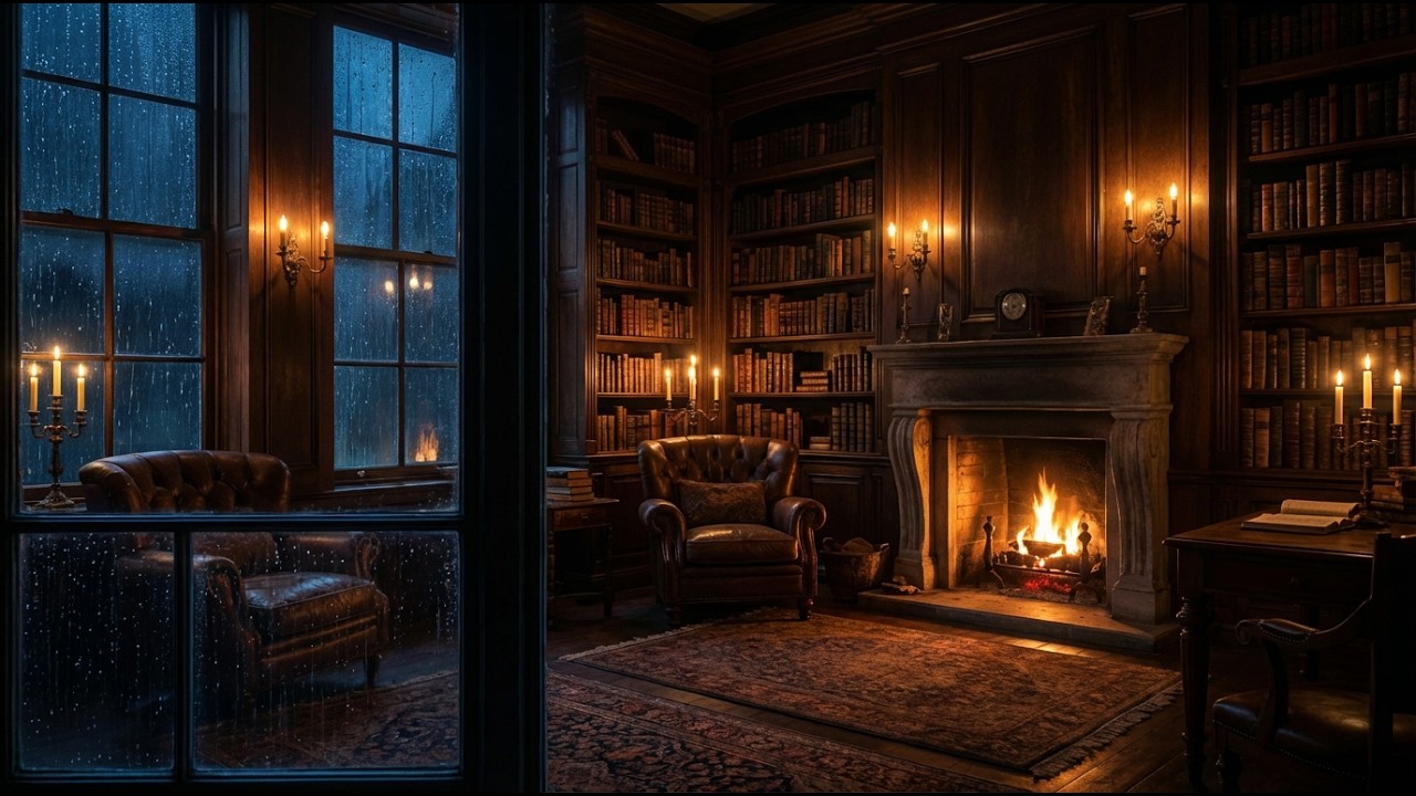 Rainy Night Library ASMR 🌧️ Candlelight & Fireplace  Dark Academia Rain for Focus & Sleep
