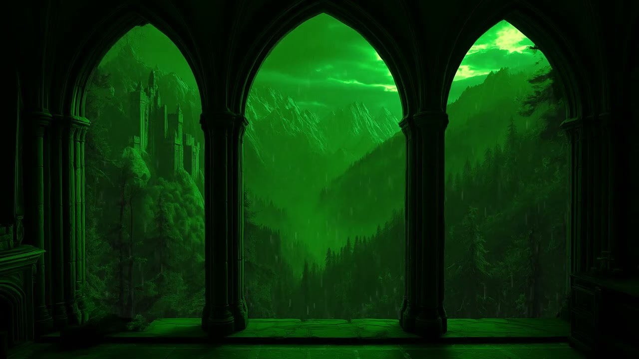 4K Medieval Castle Window in Heavy Rain 🏰 Thunderstorm Ambience for Deep Sleep Relaxation