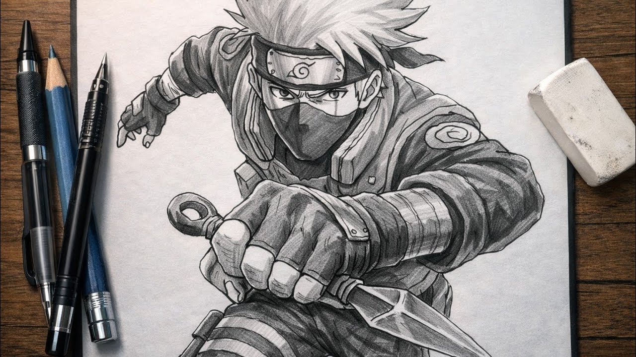 How To Draw Kakashi Hatake With Kubikiribocho And Chidori || Anime Pencil Drawing