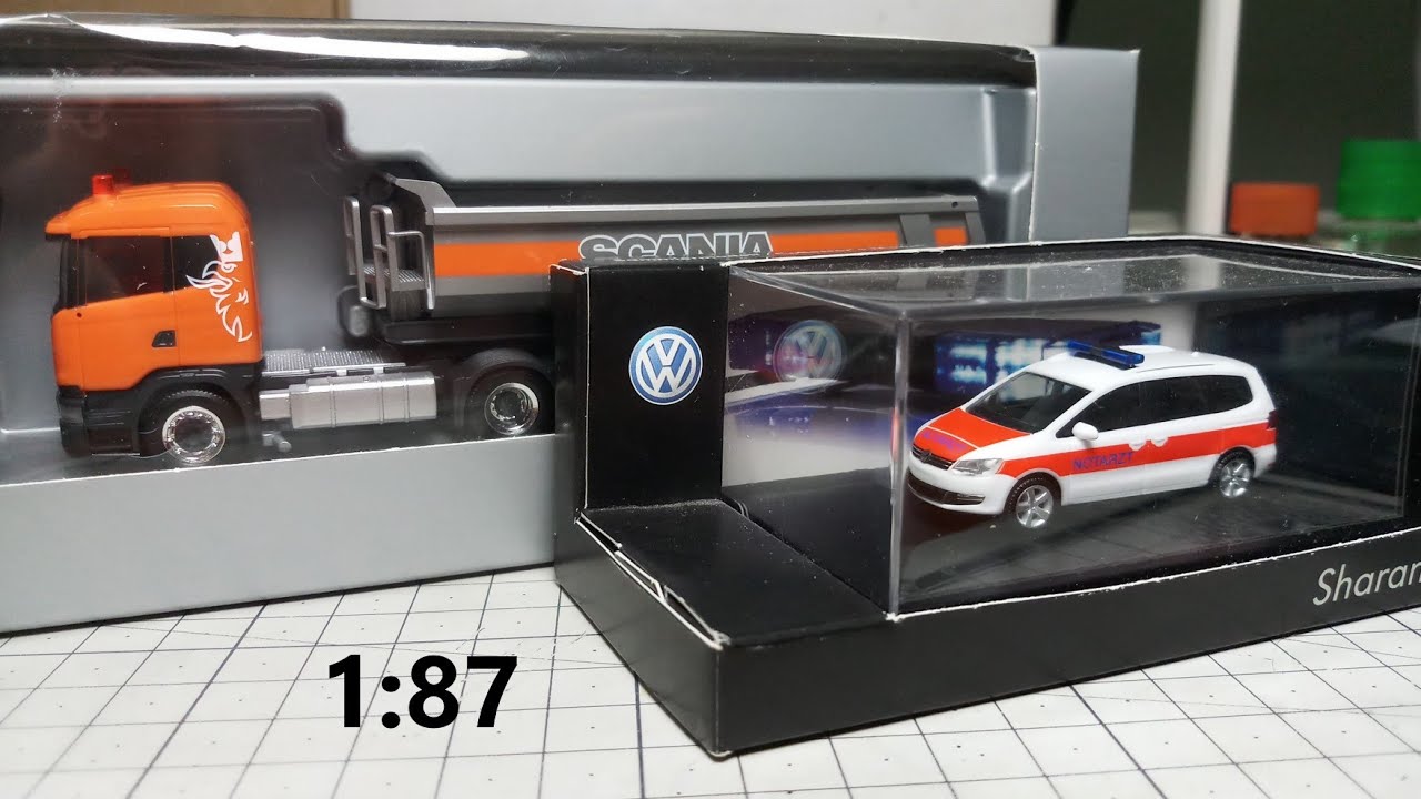 EP198 รถกึ่งพ่วงดั้มSCANIA R480,รถพยาบาลVW Sharan herpa 1:87