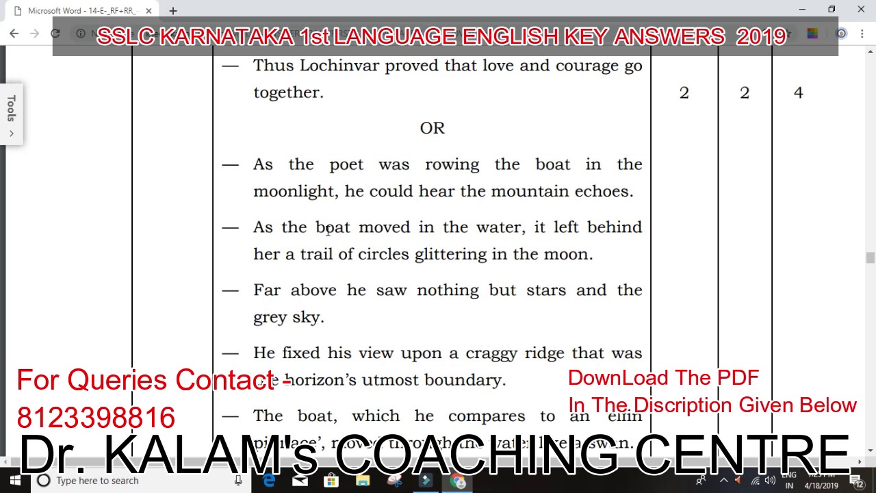 SSLC KARNATAKA 1st Language English Key Answers 2019