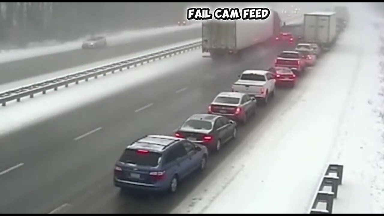20 car chain accident on icy road 🥶 #semitruck #snow #blackice #automobile 