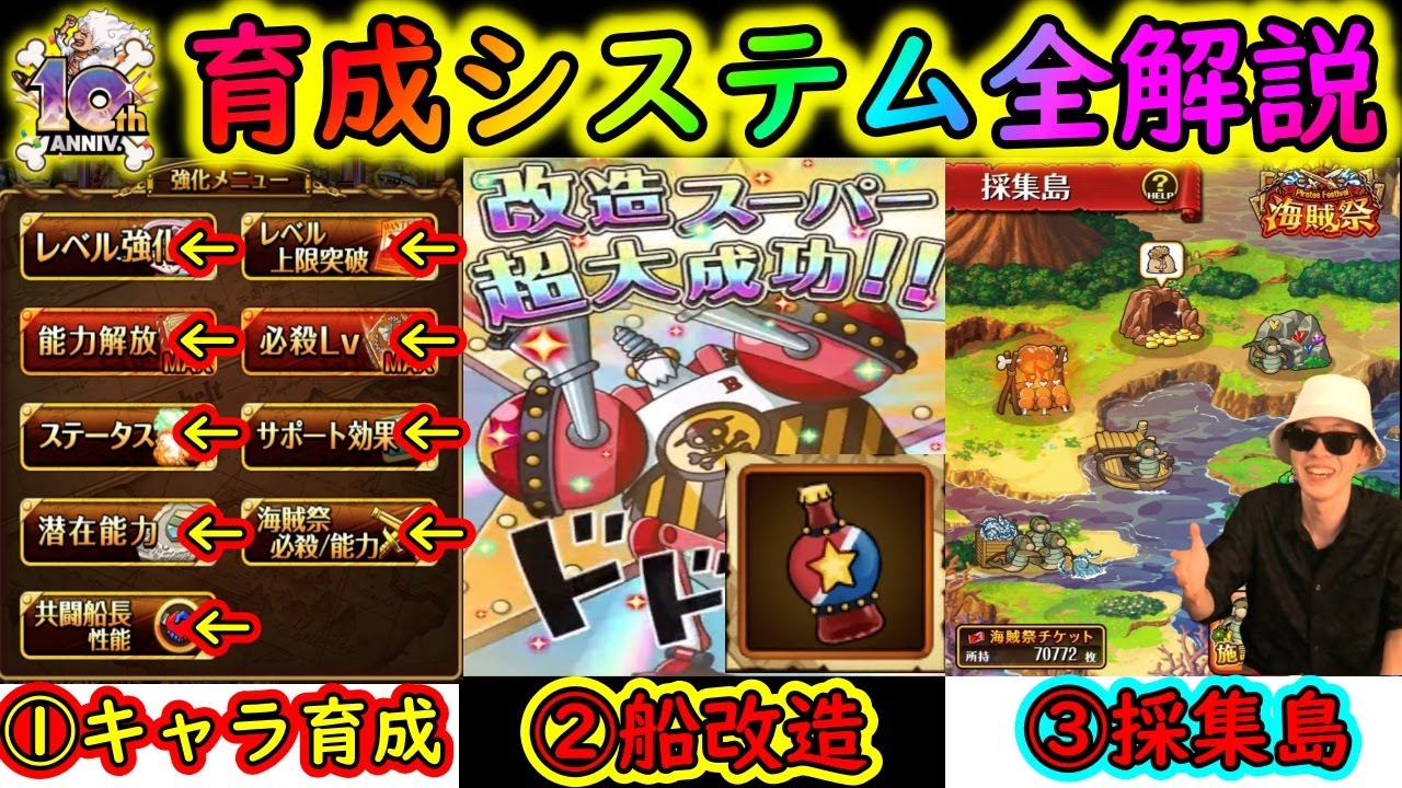 [トレクル]育成システム全解説 [おまかせ強化/Lv上げ/上限突破/共闘性能/幸運/海賊祭/限界突破/パラレル/エフェクト/サポート/わたあめ/能力開放/船改造/採集島等][OPTC]