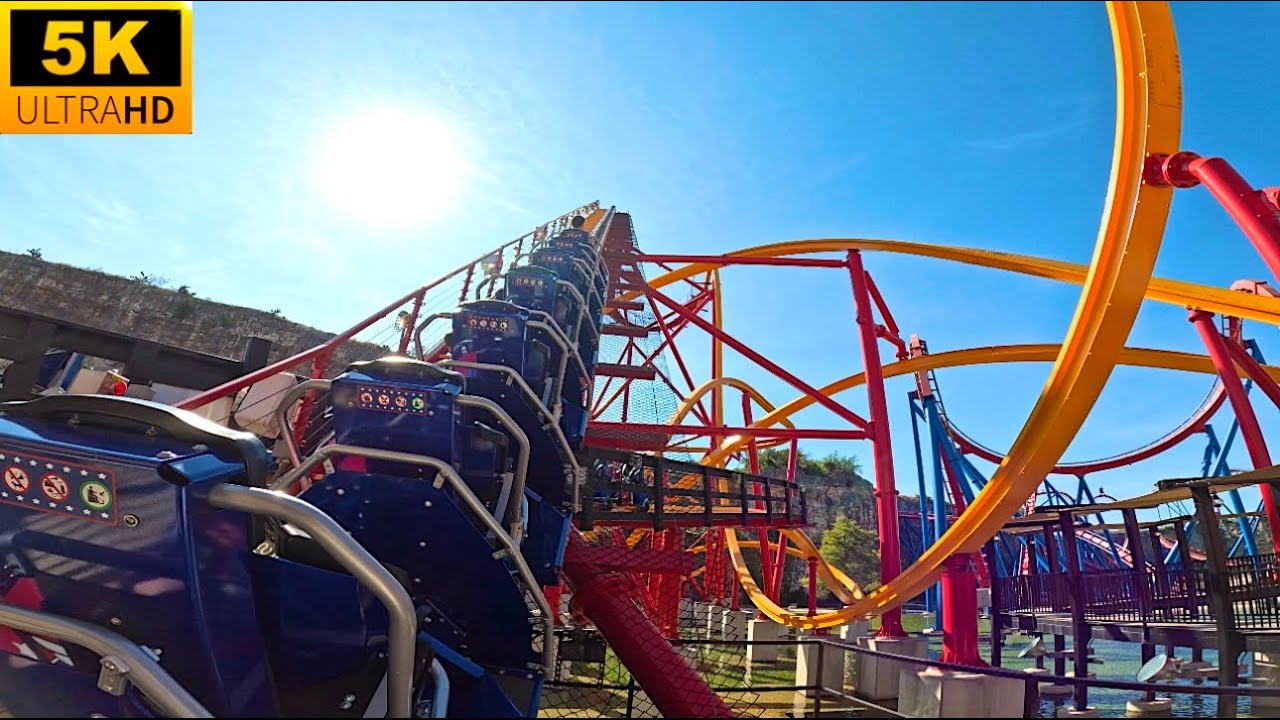 Wonder Woman Golden Lasso Coaster POV 5K Back Row UNHINGED RIDE At Six Flags Fiesta Texas