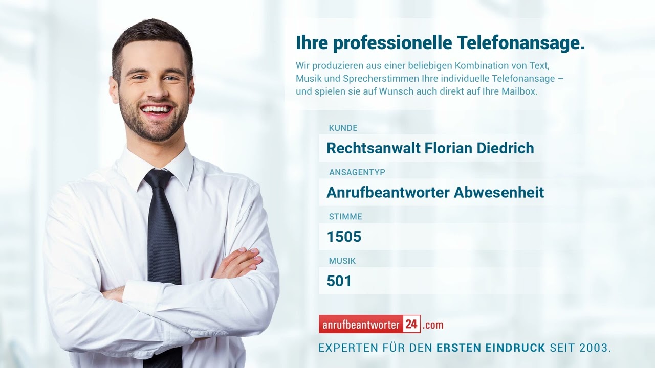 Rechtsanwalt Florian Diedrich - Anrufbeantworter Abwesenheit [2023] ✅ Jetzt anh&ouml;ren!
