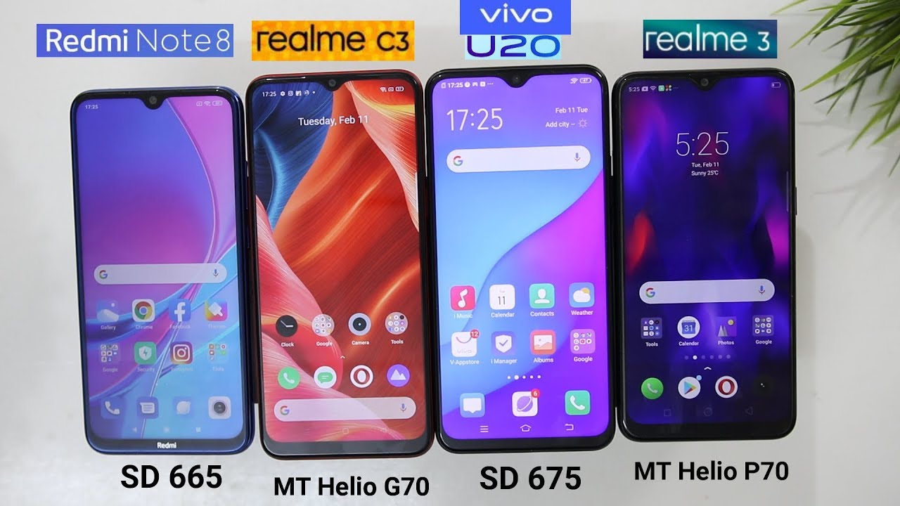 Realme C3(MT G70) Vs Redmi Note 8(SD 665) Vs vivo U20(SD 675) Vs Realme 3(MT P70) SpeedTest