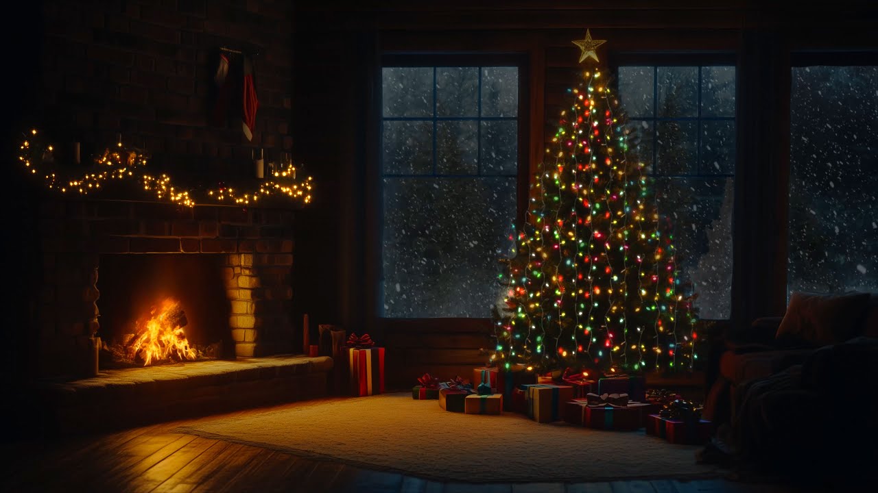 🎅 Warm Christmas Ambience with Fireplace 🔥 Relaxing Snowstorm Sounds Outside for Sleep
