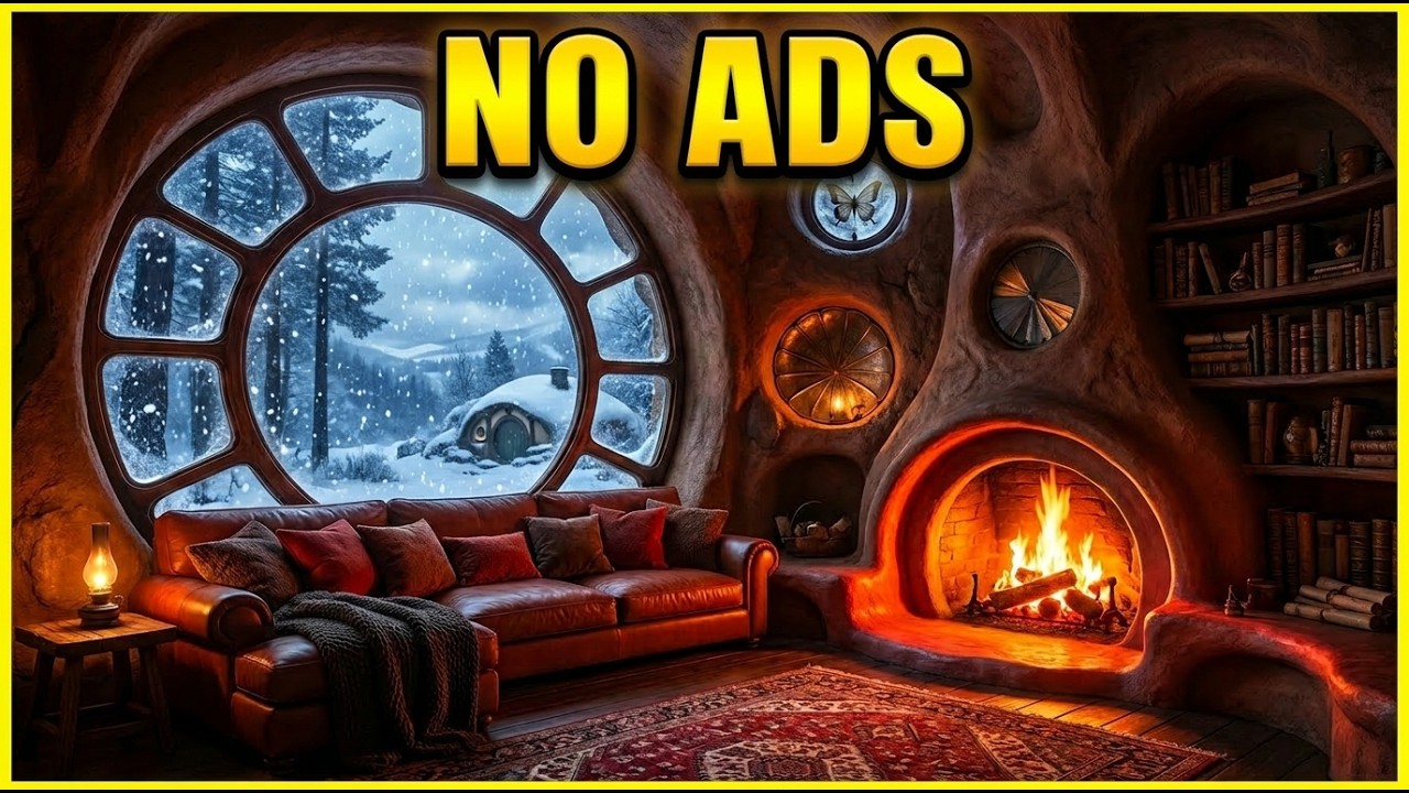 Fireplace Sleep Music — Cozy Winter Cabin + Snowfall