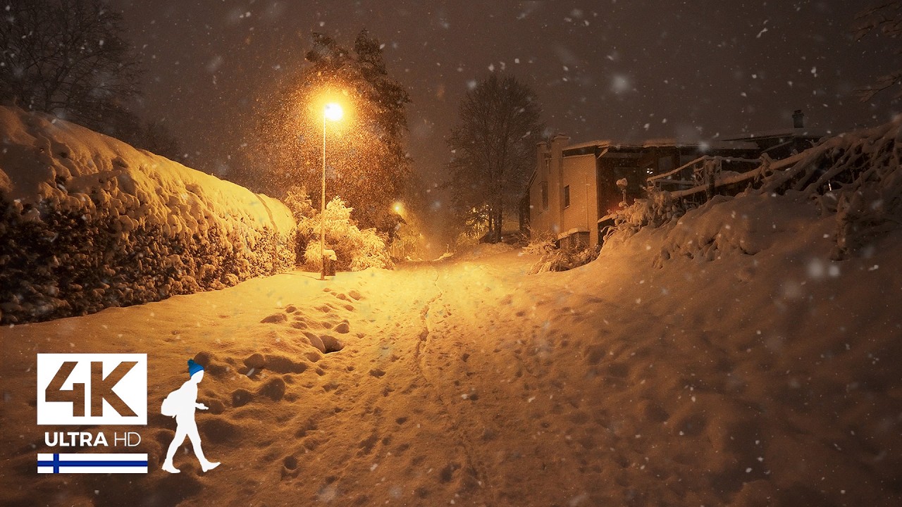 Лечебная ночная прогулка во время сильного снегопада ☃️ Ярвенпяя, Финляндия - Slow TV 4K