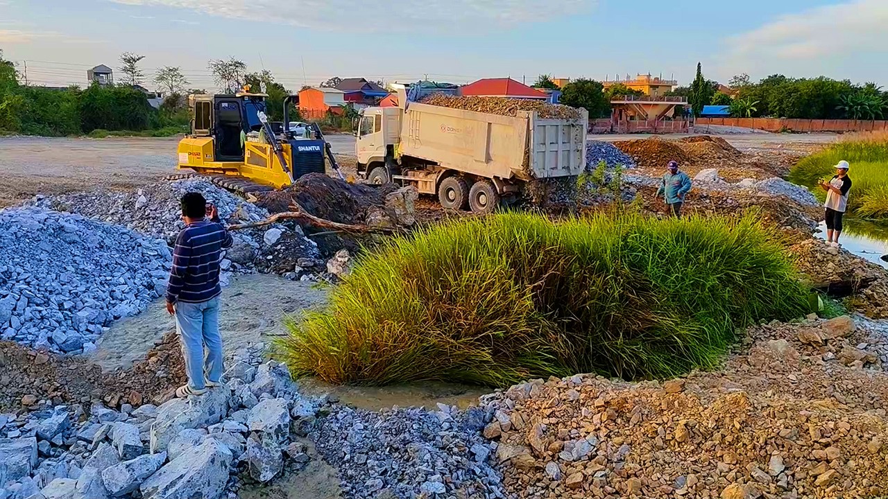 Excellent skill SHANTUI C3 pour stone delete pit remove mud grass landfill with 25Ton dump truck