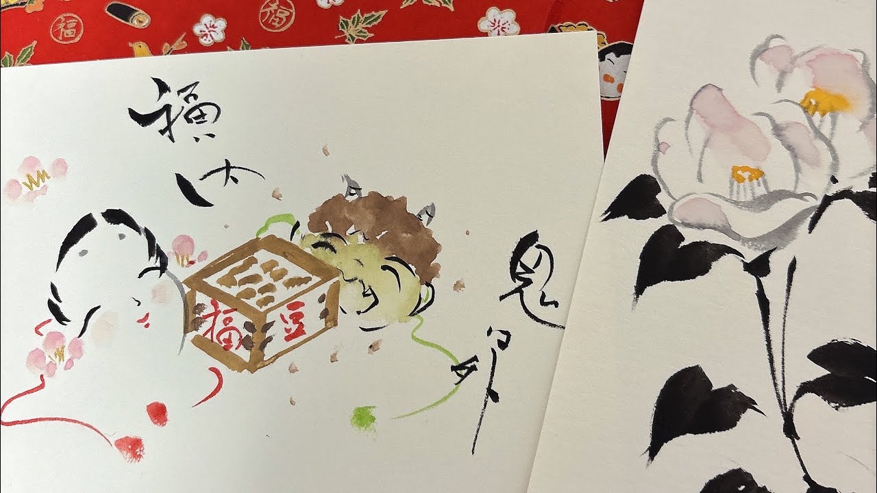 お多福、白椿　寒中見舞いSimple drawing of Otafuku and white camelliaほのぼの一筆画2😍2026