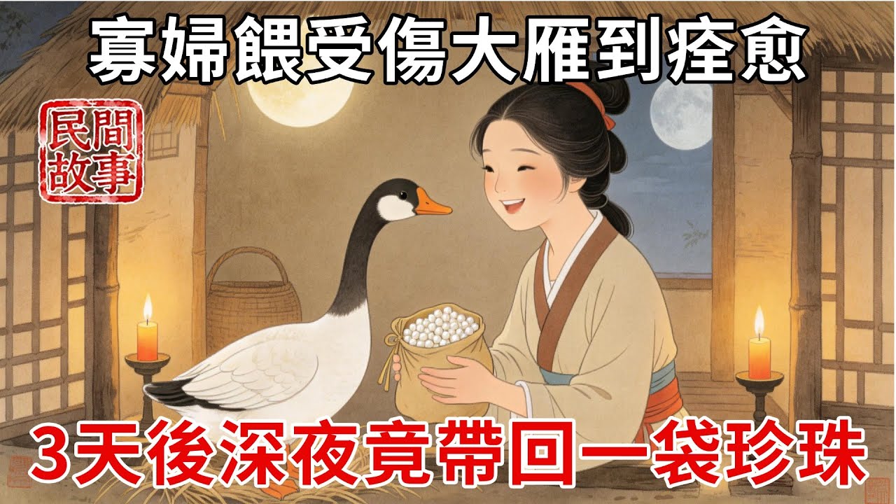 寡婦不忍看受傷的大雁餓死，每日拿自己的口糧餵它吃食，大雁痊愈飛走，3天後深夜竟帶回滿滿一袋珍珠！#民間故事 #傳統文化 #原創虛構 #華語有聲書 #槐樹下聽書