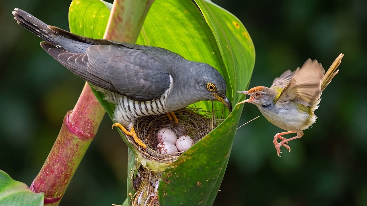 Long-tailed Tailorbird Life Cycle: A Cuckoo Takes One Egg the Owner Returns in Time to Chase It Away